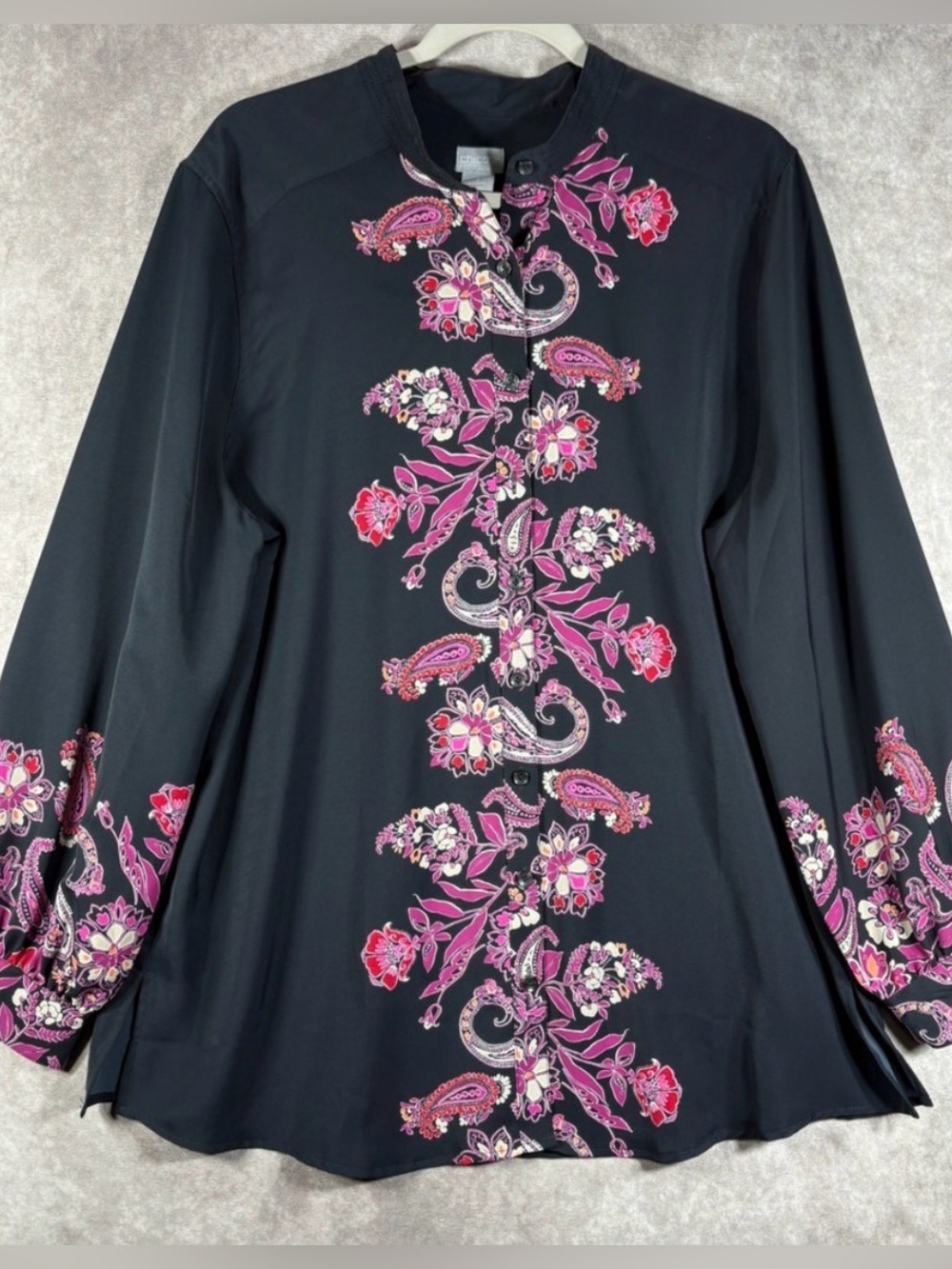 Chico's Tunic Top Women 3 US 16 Black Floral Shirt Paisley Button Down Boho‎ NEW